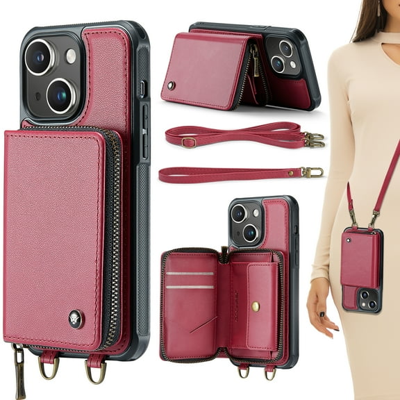 for iPhone 15 Case Wallet, Crossbody Zipper Purse Handbag with RFID Blocking Card Slots Kickstand, Detachable Shoulder Lanyard Flip Style PU Leather Shockproof Case for iPhone 15,Red