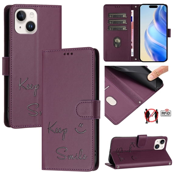 for iPhone 15 Case Wallet with RFID Blocking Card Holder, Shoulder Strap & Wrist Strap, Smile Pattern PU Leather Magnetic Clasp Flip Wallet Phone Case for iPhone 15, Darkpurple