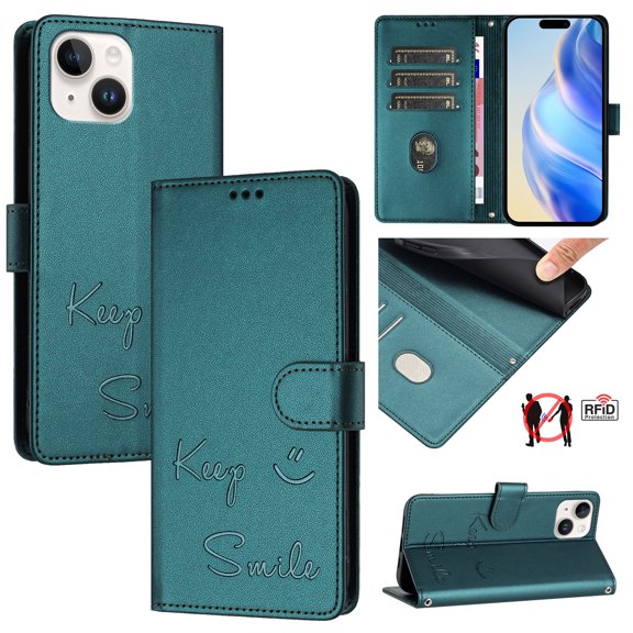 for iPhone 15 Case Wallet with RFID Blocking Card Holder, Shoulder Strap & Wrist Strap, Smile Pattern PU Leather Magnetic Clasp Flip Wallet Phone Case for iPhone 15, Darkgreen