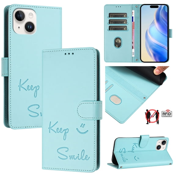 for iPhone 15 Case Wallet with RFID Blocking Card Holder, Shoulder Strap & Wrist Strap, Smile Pattern PU Leather Magnetic Clasp Flip Wallet Phone Case for iPhone 15, Mint
