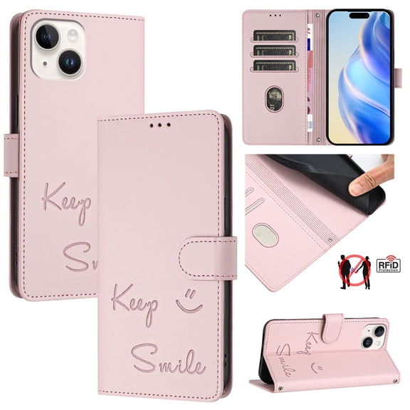for iPhone 15 Case Wallet with RFID Blocking Card Holder, Shoulder Strap & Wrist Strap, Smile Pattern PU Leather Magnetic Clasp Flip Wallet Phone Case for iPhone 15, Pink