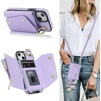 for iPhone 15 Case Wallet with Strap for Women,Crossbody Lanyard and Wristlet Strap,Zipper Pocket,Credit Card Holder,Ring Stand,RFID Blocking Phone Wallet Cases(6.1 inch,Purple)