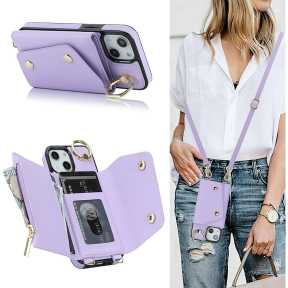 for iPhone 15 Case Wallet with Strap for Women,Crossbody Lanyard and Wristlet Strap,Zipper Pocket,Credit Card Holder,Ring Stand,RFID Blocking Phone Wallet Cases(6.1 inch,Purple)