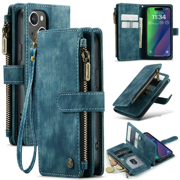 for iPhone 15 Case Wallet for Women and Men, iPhone 15 Case, PU Leather Magnetic Flip Strap Wristlet Zipper Card Holder Wallet Business Phone Cover for iPhone 15, Blue