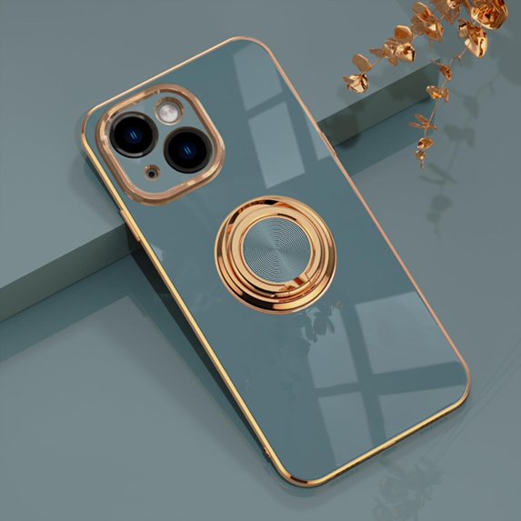for iPhone 15 Case, iPhone 15 Phone Case with 360° Ring Stand Kickstand Slim Thin Fit Flexible TPU Golden Bumper Shockproof Non-Slip Women Men Protective Cover, 6.1"- Gray