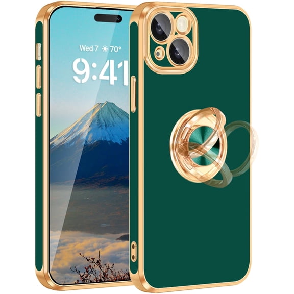 iPhone 15 Case[with 360°Ring Holder Stand] [Support Magnetic Car Mount ] Kickstand Phone Case for Women Girls Boys Men Slim Thin Shockproof Phone Cover Case for iPhone 15,6.1inch,Midnight Green
