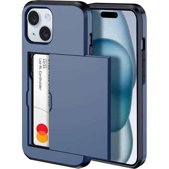𝟐𝟎𝟐𝟒 𝗡𝗘𝗪 iPhone 15 Case with Card Holder - Wireless Charging Compatible iPhone 15 Wallet Case with Hidden Card Slot for Men and Women (Blue)