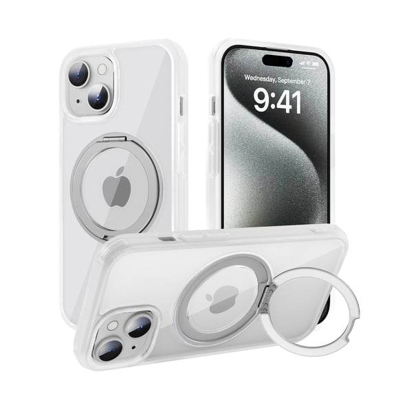 for iPhone 15 Clear Back + Gradient Color Frame, Strong Magnetic TPU+PC Skin-feeling Anti-fingerprint Anti-drop Ring Bracket Phone Case for iPhone 15, White
