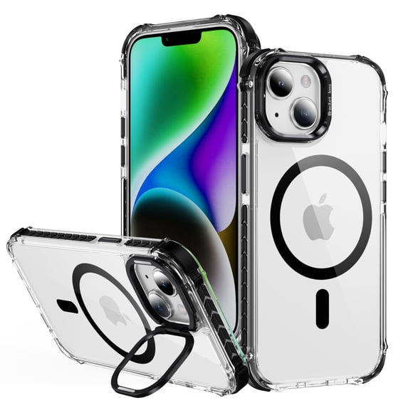 for iPhone 15 Clear Case, Compatible with MagSafe, Built-in Camera Ring Stand, Clear Slim Drop Shockproof Full Body Protective Magnetic Phone Case Cover for iPhone 15, Black
