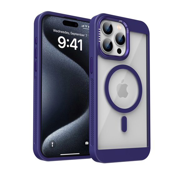 for iPhone 15 Clear Case with Magnetic Ring, Mesh Breathable Heat Dissipation Hole Slim Phone Case, Military Grade Protection Non-Yellowing Transparent Cover for iPhone 15, Purple