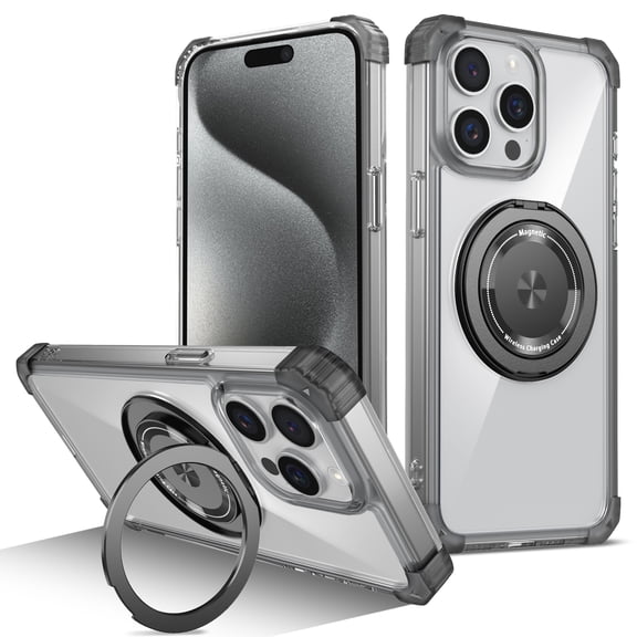 for iPhone 15 Clear Case with Rotation Metal Ring Holder Stand, Support Magnetic Car Phone Mount Soft TPU Bumper PC Hard Corners Shockproof Protective Phone Case for iPhone 15, Black