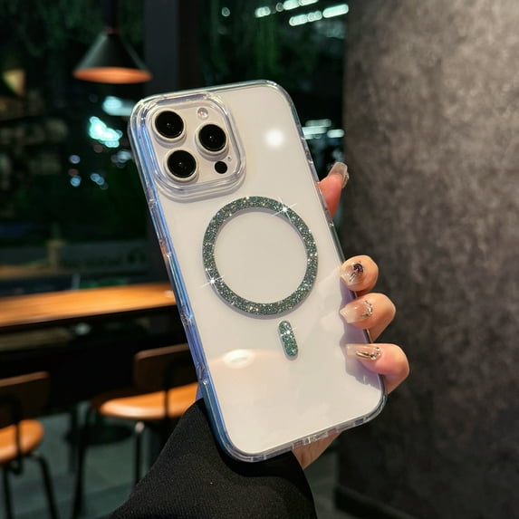 for iPhone 15 Clear Case, Wireless Charging Support, Classic Hybrid Magnetic Phone Case with Bling Design, Military Standard Drop Protection Case, Scratch-Resistant Back Cover, Green