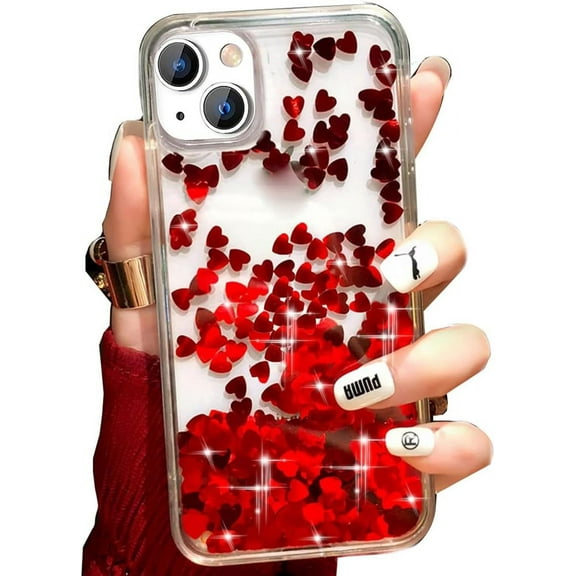 for iPhone 15 Clear Glitter Case, Bling Moving Liquid Flowing Floating Sparkle Shiny Cute Heart Soft TPU Bumper Shockproof Hard Back Women Girls Protective Case for iPhone 15 6.1 Inch (Red)