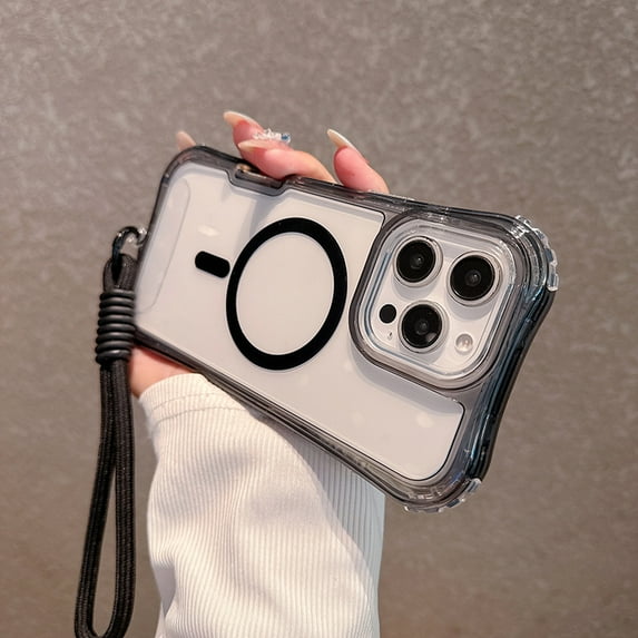 for iPhone 15 Clear Magnetic Case with Anti-Drop Wrist Strap, Military Grade Drop Protection Anti-Yellowing Cell Phone Cover - Rugged Durable Shockproof Protective Bumper Case, Black