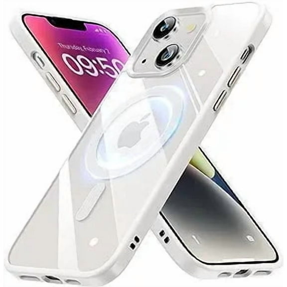 iPhone 15 Clear Magnetic Case Compatible with Magsafe, [Yellow Resistant] Hard Back Transparent Soft Silicone, Slim Thin fit Shockproof Magnetic Phone Case for iPhone 15 6.1 Inch, White