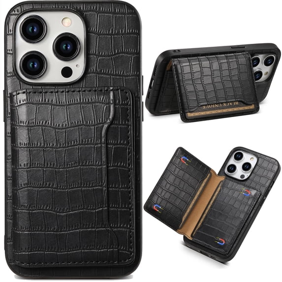 for iPhone 15 Crocodile Pattern Leather Phone Case, Classic Croc-printed Check Leather Magnetic Folio Flip ID Credit Card Holder Slot Back Cover Bag, Kickstand Support