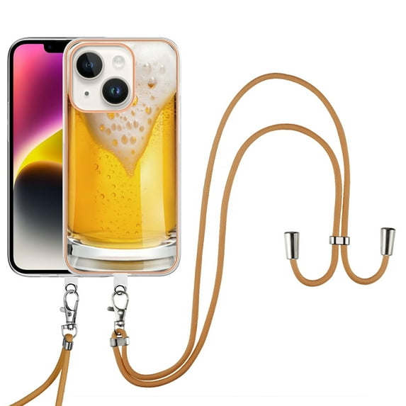 for iPhone 15 Crossbody Strap Phone Case, Anti-Fall Pattern Clear Design Transparent Soft & Flexible TPU Drop and Shockproof Protective Cover with Adjustable Nylon Neck Strap, Draft Beer