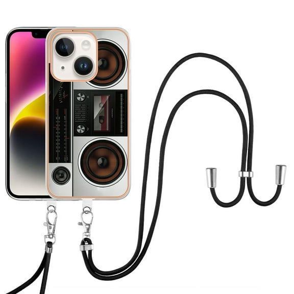 for iPhone 15 Crossbody Strap Phone Case, Anti-Fall Pattern Clear Design Transparent Soft & Flexible TPU Drop and Shockproof Protective Cover with Adjustable Nylon Neck Strap, Retro Radio