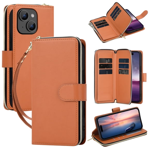 for iPhone 15 Crossbody Wallet Case with Card Holders Zipper Pocket for Women Girls, Shockproof Protective PU Leather Cover with Shoulder Strap & Hand Strap for iPhone 15, Brown