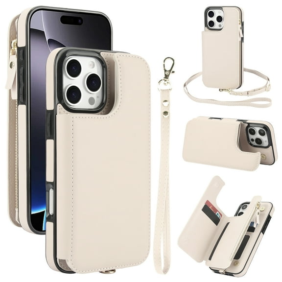 for iPhone 15 Crossbody Wallet Phone Case with Card Holder&Zipper, Back Flip Folio PU Leather Kickstand Card Slots Case for Women Girls, Double Magnetic Clasp Shockproof Cover,White