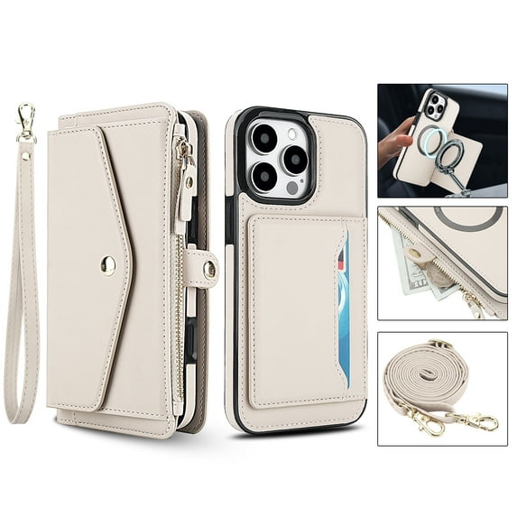 For iPhone 15 Crossbody Wallet Phone Case,Magnetic Detachable Flip,With Wrist Strap&Shoulder Strap,Zipper Pocket,Card Holder,Compatible with Mag-Safe,PU Leather Shockproof Case,White
