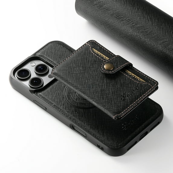 for iPhone 15 Detachable Wallet Case with Card Holder Flip Stand, Cross Texture PU Leather Magnetic Phone Cover Compatible with Mag-Safe & Support Car Mount for iPhone 15, Black