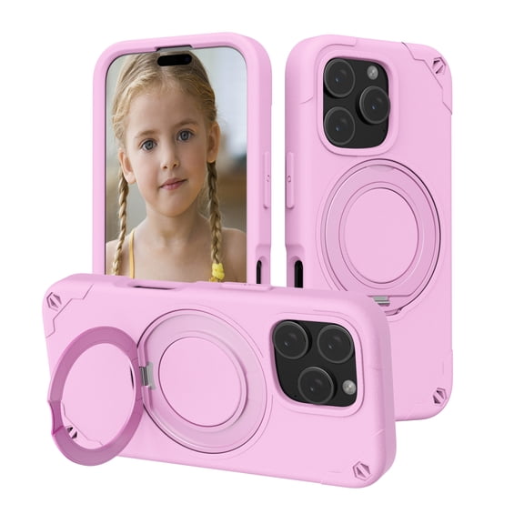 for iPhone 15 EVA Case with Aluminum Alloy Magnetic Invisible Ring Stand [Compatible with MagSafe] [Military Drop Protection] Shockproof Anti-Slip Scratch Resistant Cover, Pink