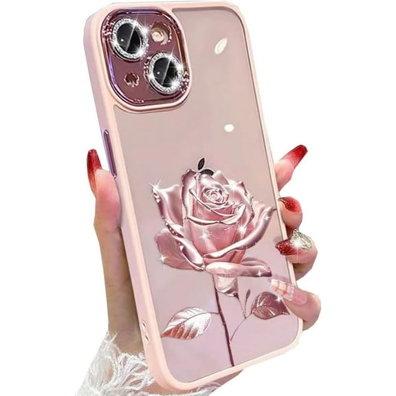 for iPhone 15 Fairy Rose Clear Case, Cute Flower Floral with Glitter Bling Sparkly Camera Lens Protector Soft TPU Bumper Shockproof Women Girls Protective Case for iPhone 15 6.1 inch (Pink)