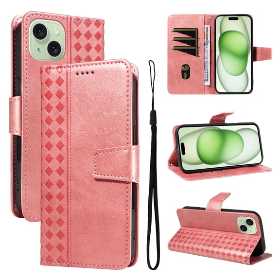 for iPhone 15 Flip Case with Cash Slot Credit Card Slots Kickstand PU Leather Shockproof Lightweight Full Body Protective Magentic Clasp Rugged Case Cover with Wrist Strap, Rosegold