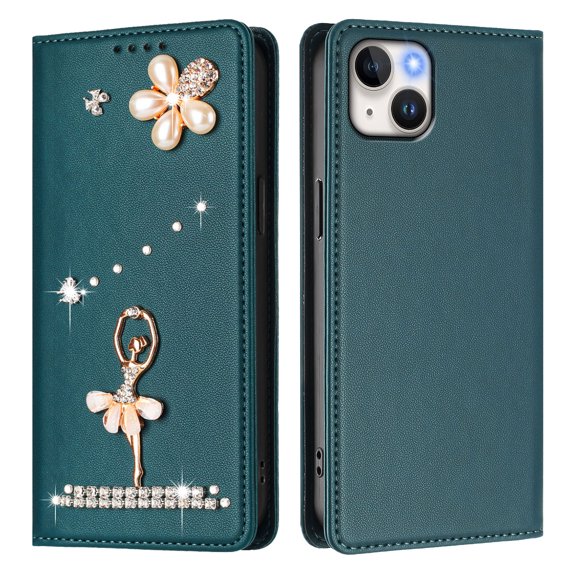 For iPhone 15 Flip Phone Case,Luxury Diamond Pearl Ballet Dancer Pattern Design,Anti-Scratch PU Leather Flip Folio Foldable Kickstand,Card Slots,Shockproof Wallet Phone Case,Darkgreen