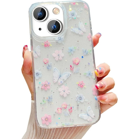 for iPhone 15 Floral Clear Glitter Case for Women,Cute Flower Design Bling Sparkle Aesthetic Soft TPU Silicone Shockproof Slim Girls Protective Case for iPhone 15 6.1 inch (Butterfly Floret)