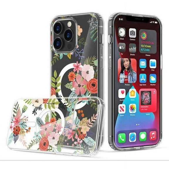 iPhone 15 Flower Design Magnetic Case [Yellow Resistant] Soft Back Cover, Clear Magnetic Case Compatible with Magsafe Shockproof Protective Phone Case for 15 6.1 Inch, Flower Red