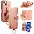thumbnail image 1 of for iPhone 15 Folio Flip Wallet Case, PU Leather Zipper Pocket Card Slots RFID Blocking Wristband Bracket, with Diamond Finger Ring Full Body Protection for iPhone 15 - Pink, 1 of 10