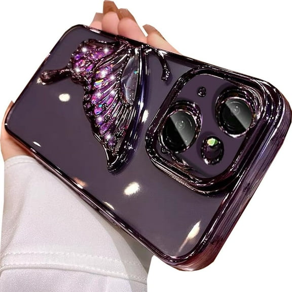 for iPhone 15 Glitter 3D Butterfly Case,Cute Luxury Bling Sparkle Liquid Flowing Case with Camera Lens Protector Soft Plating Bumper Shockproof Women Girls Cover for iPhone 15 6.1 Inch,Purple