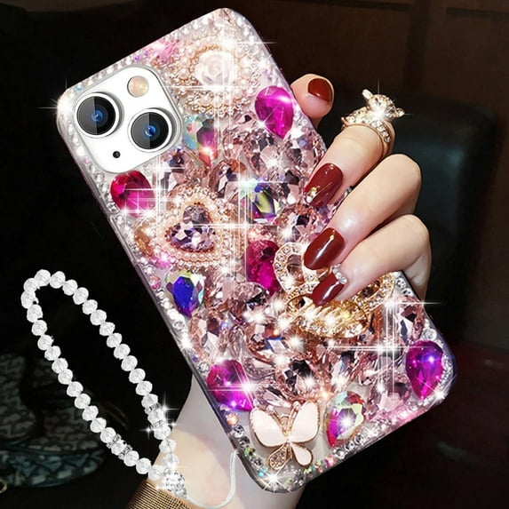 for iPhone 15 Glitter Bling Case,Cute Luxury 3D Crown Crystal Rhinestone Diamond Sparkle Stunning Stones Pearl with Wrist Strap Chain Women Girls Protective Case for iPhone 15 6.1 inch (Pink)