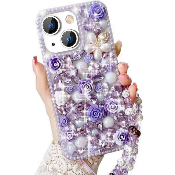 for iPhone 15 Glitter Bling Case, Cute Luxury 3D Crystal Rhinestone Diamond Sparkle Shiny Gems Flower Pearl with Lanyard Wrist Strap Women Girls Protective Case for iPhone 15 6.1 inch (Pink)