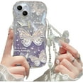 thumbnail image 1 of for iPhone 15 Glitter Butterfly Case for Women, Cute Curly Wave Frame Gradient Bling Sparkle with Lovely Wrist Strap Chain Soft TPU Shockproof Clear Girls Case for iPhone 15 6.1 inch (Blue), 1 of 4