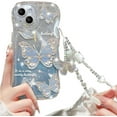 thumbnail image 1 of for iPhone 15 Glitter Butterfly Case for Women, Cute Curly Wave Frame Gradient Bling Sparkle with Lovely Wrist Strap Chain Soft TPU Shockproof Clear Girls Case for iPhone 15 6.1 inch (Blue), 1 of 4