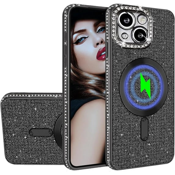 for iPhone 15 Glitter Case with Camera Lens Protector, Slim TPU Clear Magnetic Case with Magsafe Shiny Rhinestone Bling Sparkly Diamond Cover for iPhone 15 CZ Black