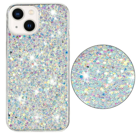 for iPhone 15 Glitter Case, Cute Bling Sparkle Shiny Slim Soft Silicone Reflective Clear TPU Bumper Women Girls Shockproof Protective Phone Case for iPhone 15, White