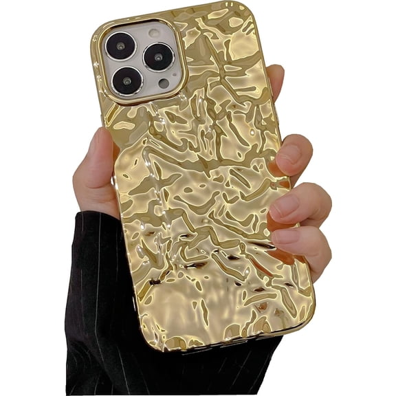 iPhone 15 Glitter Case, Fashion Bling Glitter Gold Cute Soft Silicone Tin Foil 3D Pleats Women Girls Shockproof Soft Case Cover for iPhone 15