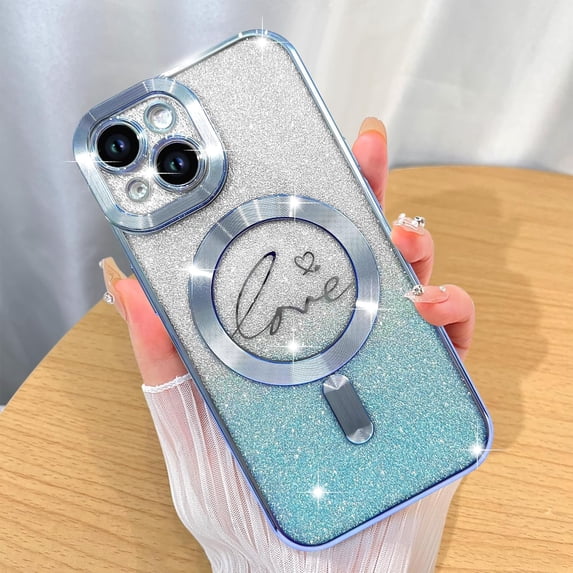 for iPhone 15 Glitter Case Luxury Plating Love Heart Compatible with MagSafe Clear Case with Camera Protector Protection Shockproof Cover for Women Girls-Blue