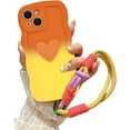 thumbnail image 1 of for iPhone 15 Gradient Wavy Case with Wrist Strap Lanyard Cute Love Heart Curly Wave Frame Design Solid Color Soft Silicone Shockproof Cover for Girls Women iPhone 15 6.1'', Orange/Yellow, 1 of 12