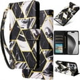 thumbnail image 1 of for iPhone 15 Leather Case Wallet Luxury Marble Pattern Gold Diamond Edge Folio Flip Cover Kickstand, ID Credit Card Holder Cash Slot, Magnetic Clasp, Hand Wrist Strap, 1 of 8