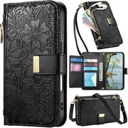 for iPhone 15 Leather Phone Case Zipper Wallet Handbag, Embossed Floral Folio Flip Cover Kickstand, 2 Layer Card Slot Cash Holder, Magnetic Buckle, Shoulder Wrist Strap