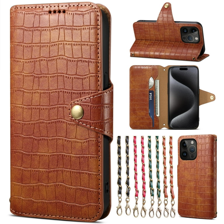 Genuine Leather Case For IPhone 16 Pro Max Pro With 3 Credit Card Slot RFID Blocking,Crocodile Pattern And Magnetic Closure With Full Body Screen