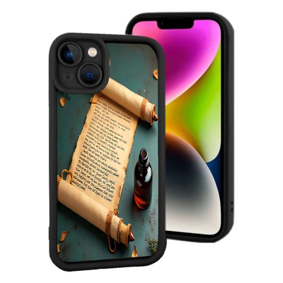 iPhone 15 Lightweight Case - Ancient Scroll & Bottle Design Yellowing Resistant Stylish Teal Surface Perfect Fit for iPhone 15