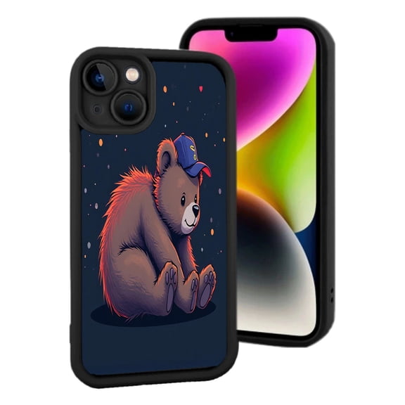 iPhone 15 Lightweight Case - Cartoon Bear in Blue Cap on Dark Background with Colorful Dots - Yellowing Resistant Design
