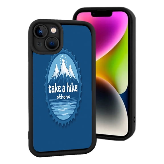 iPhone 15 Lightweight Case - Dark Blue Mountain Range Design Snow - Capped Peaks & Water ' Take a Hike ' Text Yellowing Resistant