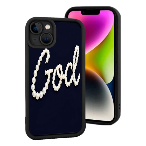 iPhone 15 Lightweight Case - Elegant Cursive ' God ' Design in White Pearls on Black Yellowing Resistant Stylish Protection
